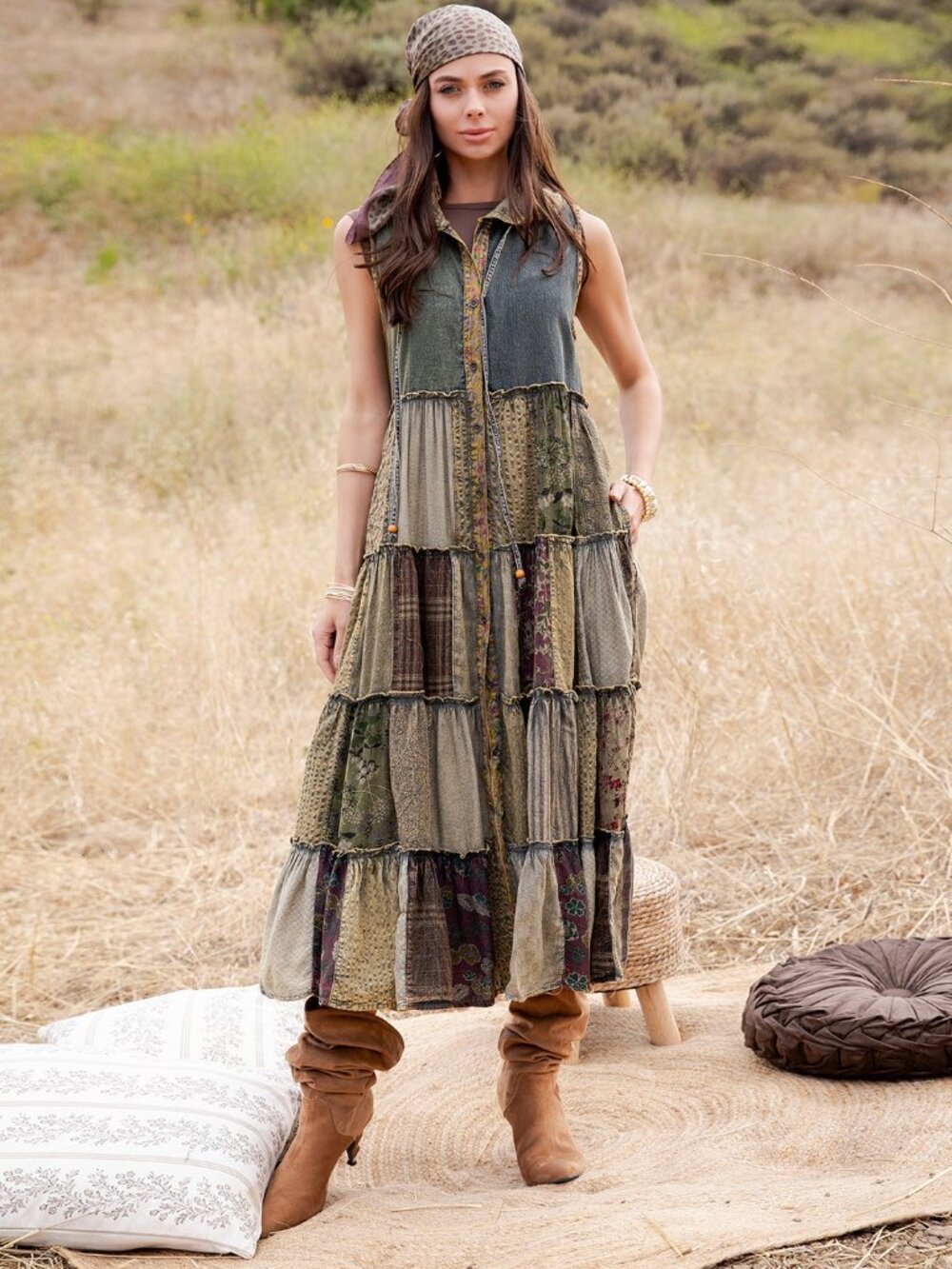 Boho Patchwork Tiered Button-Front Maxi Dress / Duster-GRAVEL(NEW COLOR)